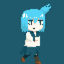a pixel art drawing of a girl with blue hair and the letter t on her face