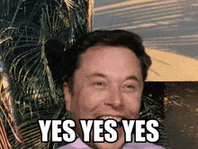 elon musk is smiling and says yes yes yes in front of a palm tree