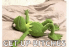 kermit the frog is laying on his back on a bed with the words `` get up bitches '' .