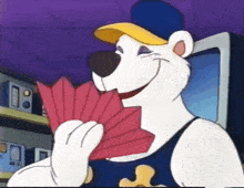 a cartoon polar bear is holding a red fan and smiling