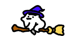 a cartoon drawing of a ghost wearing a witch hat flying on a broom