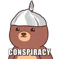 a teddy bear wearing a silver helmet with the word conspiracy written on it