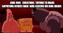 spongebob and patrick from spongebob squarepants are standing next to each other in a dark room .