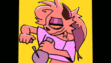 a cartoon character with horns is holding a drink in her hand
