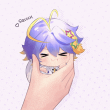 a drawing of a person squeezing another person 's head with the words squish above it
