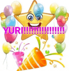 a cartoon star with a face on it is surrounded by balloons and confetti .