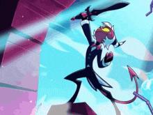 a cartoon character with a tail is holding a sword in his hands .