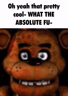a close up of a teddy bear with a caption that says `` oh yeah that pretty cool- what the absolute fu- ''