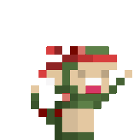 a pixel art of a person wearing a green scarf and red hat