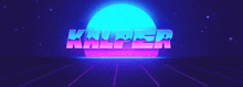 a neon sign that says kalper with a sunset in the background .