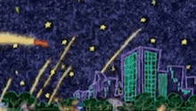 a cartoon drawing of a city at night with a shooting star in the sky .