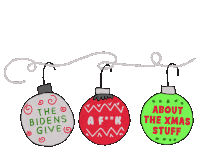 three christmas ornaments hanging from a string one of which says about the xmas stuff