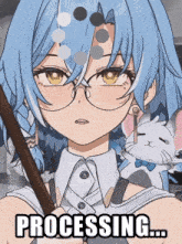 a girl with blue hair and glasses is holding a wand with the words processing written on it