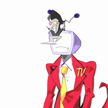 a cartoon character with a television head and a tv badge on his jacket