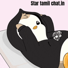 a cartoon of a penguin wearing a black hoodie with the words star tamil chat.in