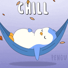 an illustration of a penguin laying in a hammock with the words chill written above it