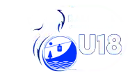 a blue and white logo for u18 with a boat