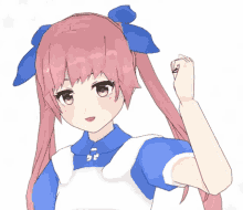 a drawing of a girl with pink hair and a blue bow