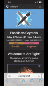 a phone screen shows a fossils vs crystals game starting on july 1st