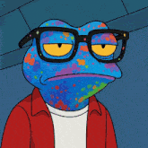 a cartoon frog wearing glasses and a colorful face