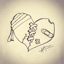 a drawing of a broken heart with bandages on it
