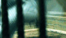 a blurry picture of a train going down the tracks behind bars