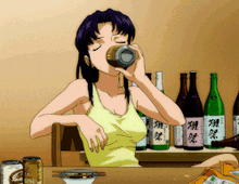 a woman in a yellow tank top is drinking from a can of beer