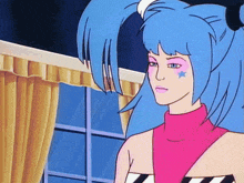 a cartoon character with blue hair and a pink star on her face
