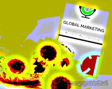 a yellow background with a sign that says ' global marketing ' on it