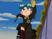 a cartoon character with blue hair is wearing a black dress with a star on it