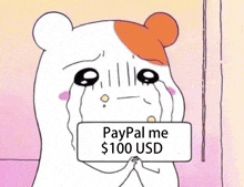 a cartoon hamster is crying and holding a sign that says `` paypal me $ 100 usd ''