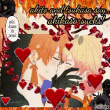 a couple of anime characters kissing with the words akito and tsukasa say akikasa sucks in the background