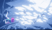 a girl with pink hair is swimming in a blue pool