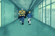 two men running down a hallway with one wearing a white hat