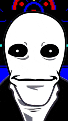 a close up of a cartoon character 's face with big black eyes .
