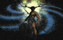 a man with antlers is holding a spear and a wolf
