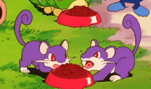 two purple mice are eating from red bowls in a cartoon scene .
