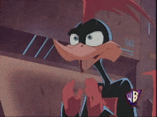 a cartoon character with a wb sticker on his chest