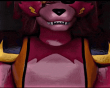 a close up of a pink teddy bear with a lightning bolt on his head .