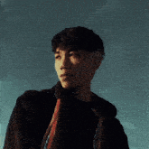 a blurry picture of a man wearing a black jacket and a red tie .