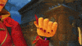 a cartoon woman wearing a red jacket and a hat with a rose on it