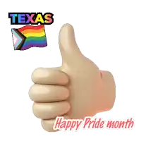 a hand giving a thumbs up in front of a texas pride flag