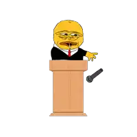 a yellow cartoon character is giving a speech at a podium with a microphone
