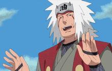 a cartoon character with white hair and a hat with chinese writing on it
