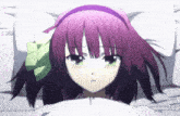 a girl with pink hair and green eyes is laying in bed