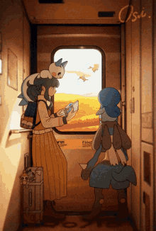 a cartoon drawing of a girl looking out a window with the word os.i. on the bottom