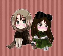 two anime characters are sitting next to each other on a striped background .