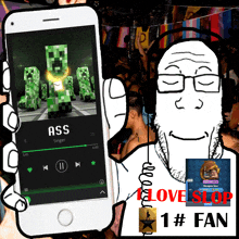 a cartoon drawing of a man holding a cell phone with the song ass singer on the screen