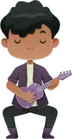 a cartoon of a boy playing a purple guitar