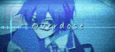 a man with purple hair is smiling in front of a blue background with the words overdose written on it .